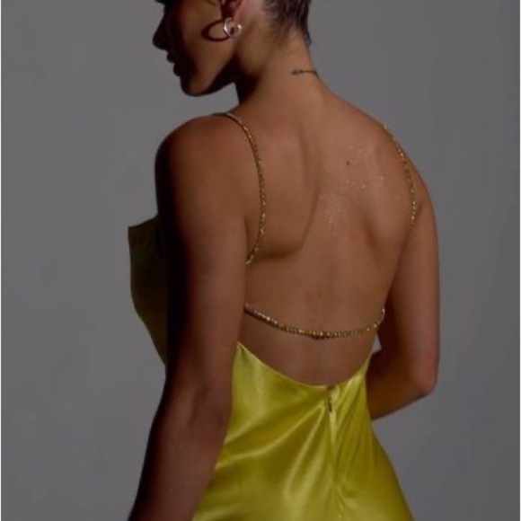 Meshki Sophie Rhinestone Satin Slip Mini Dress in Chartreuse Size Large - Picture 4 of 9